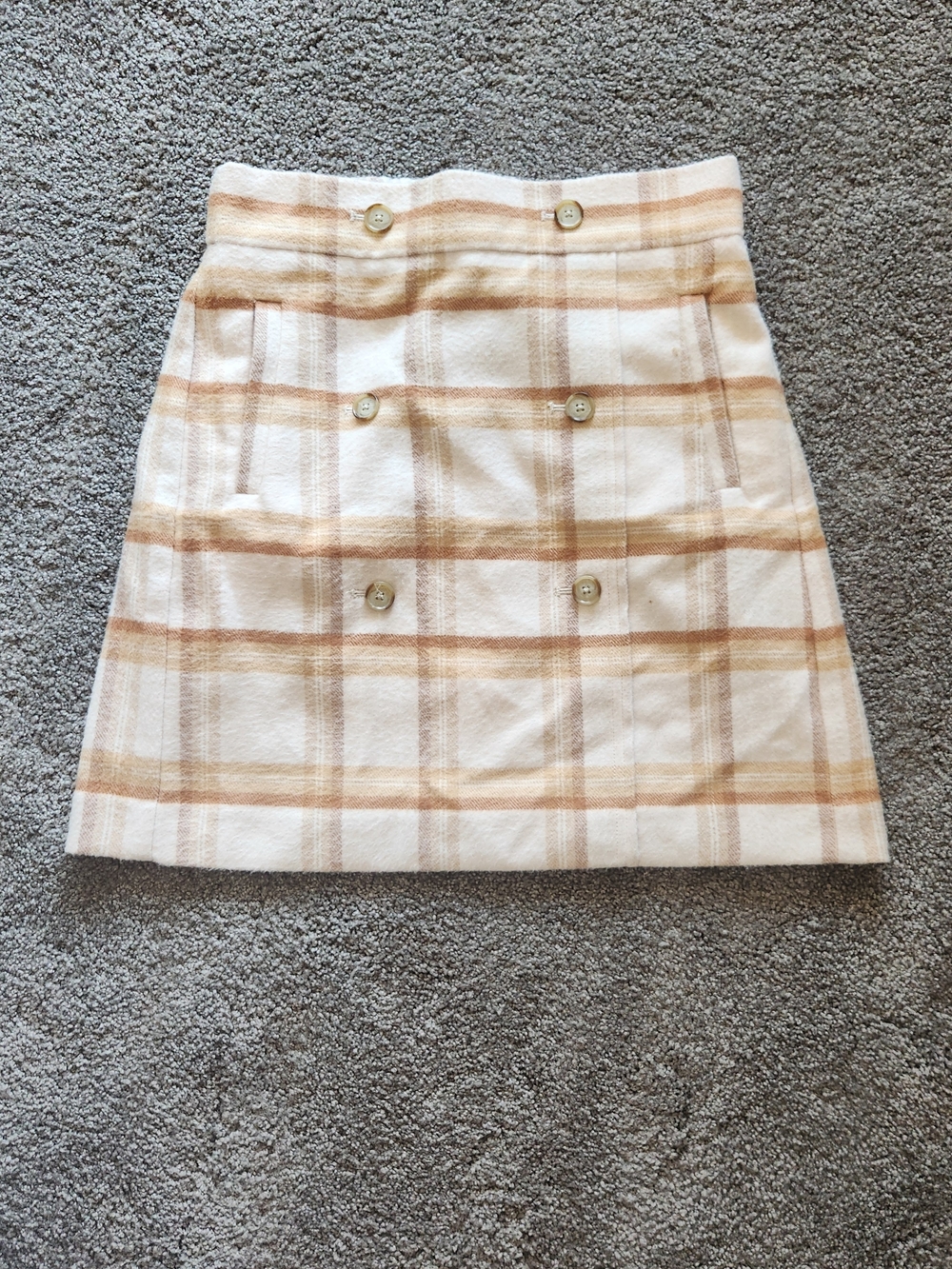 LOFT Cream Plaid Double-Breasted Mini Skirt with Tan Stripes